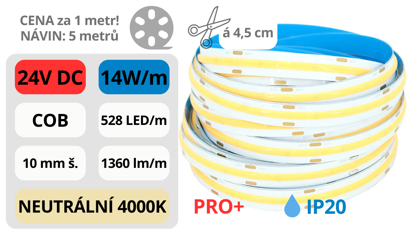 LED pásek COB 24V / 528LED / 14W / 4000K / IP20 / 10mm / PRO+